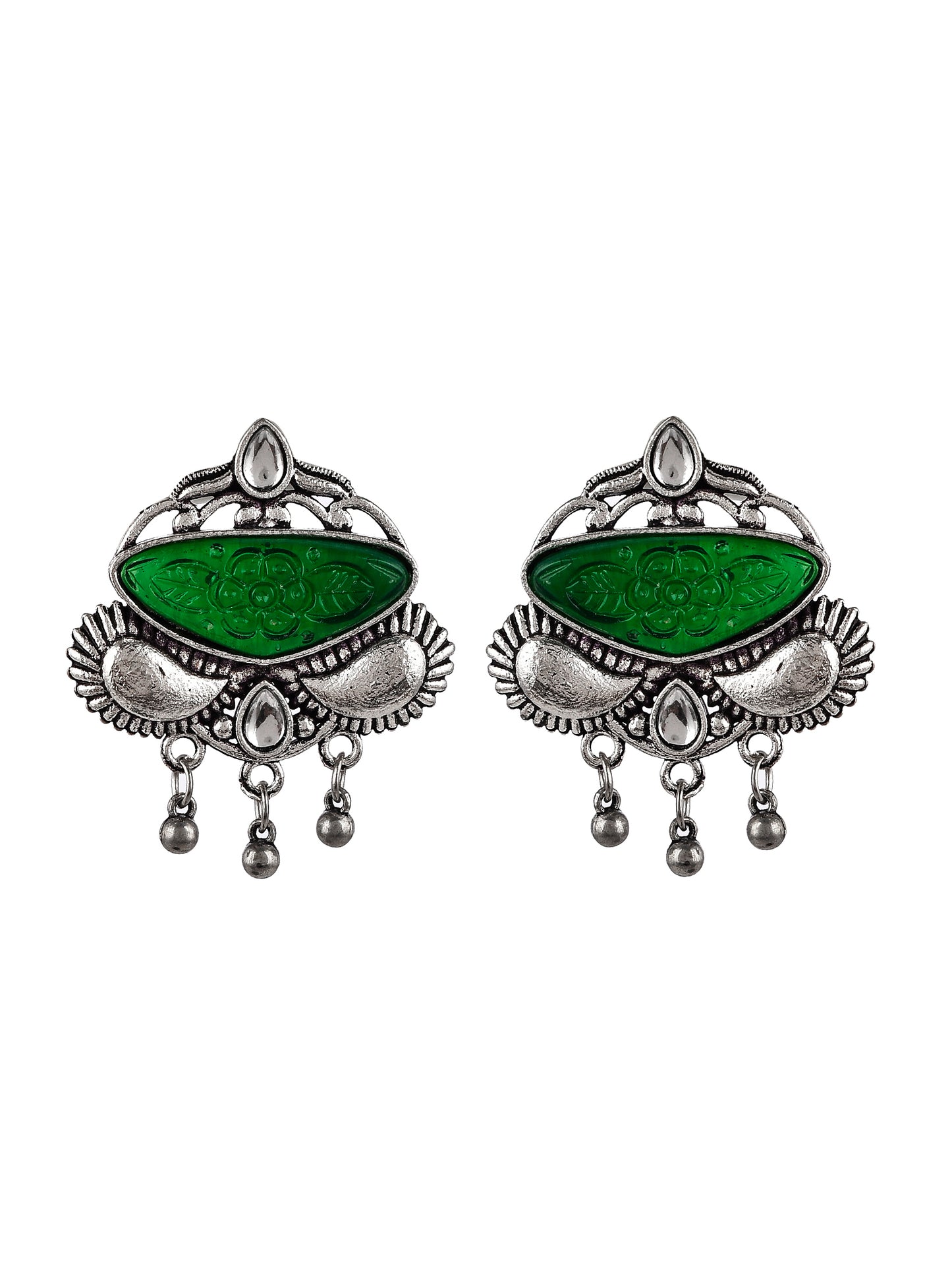 Silver Plated Green Stone Studded Floral Oxidised Stud Earrings