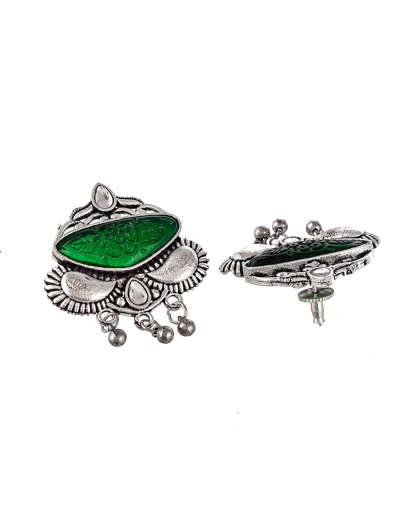 Silver Plated Green Stone Studded Floral Oxidised Stud Earrings