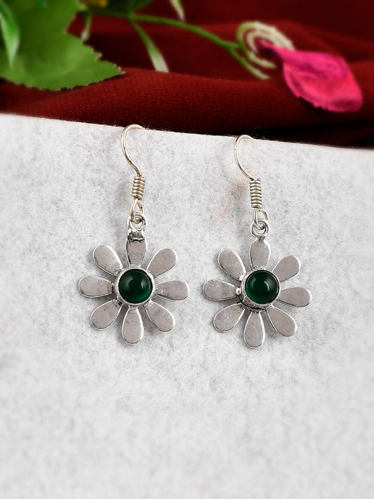 Silver Plated Green Beaded Floral Drop Earrings for Women Online