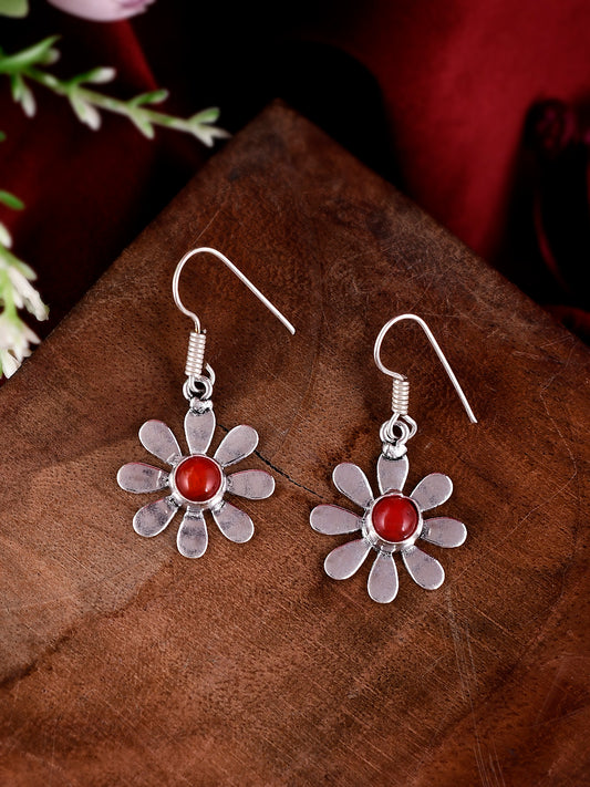 Silver Plated Red Beaded Floral Drop Earrings for Women Online