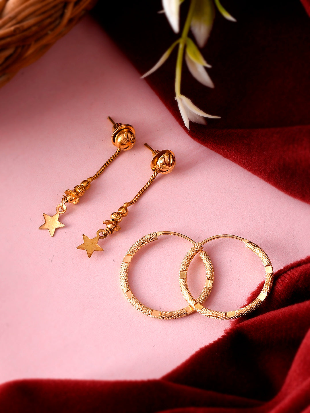 Set of Gold Plated Contemporary Hoop and Dangler Earrings