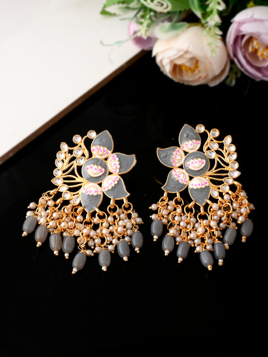 Gold Plated Grey Handcrafted Kundan Studded Floral Drop Earrings for Women Online