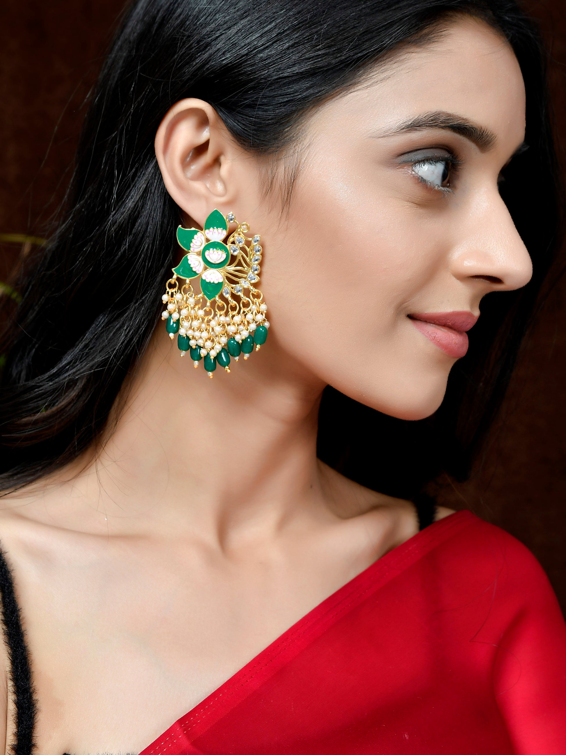 Gold Plated Green Toned Handcrafted Kundan Studded Floral Drop Earrings