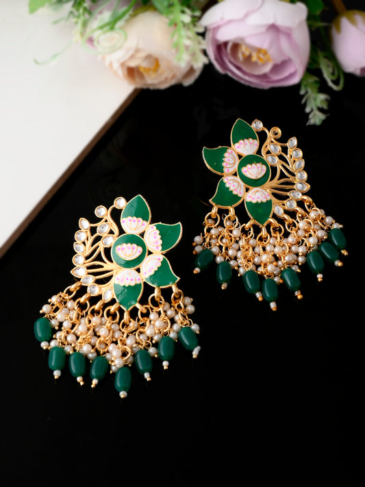 Gold Plated Green Toned Handcrafted Kundan Studded Floral Drop Earrings for Women Online