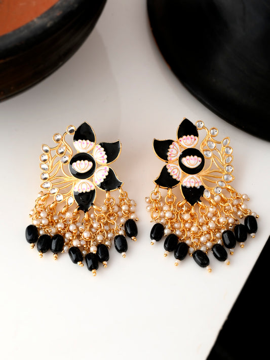 Gold Plated Black Toned Handcrafted Kundan Studded Floral Drop Earrings for Women Online