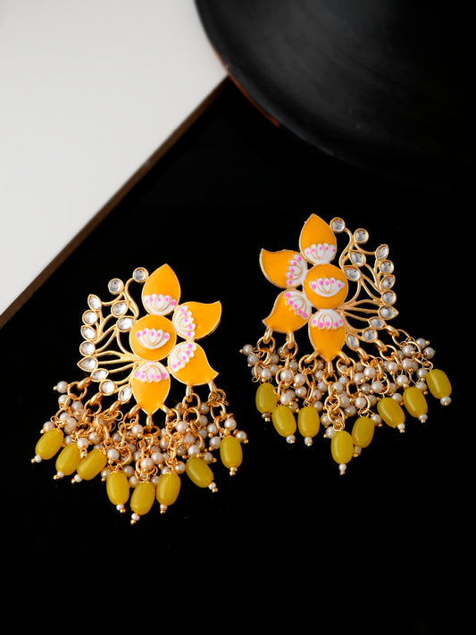 Gold Plated Yellow Toned Handcrafted Kundan Studded Floral Drop Earrings for Women Online