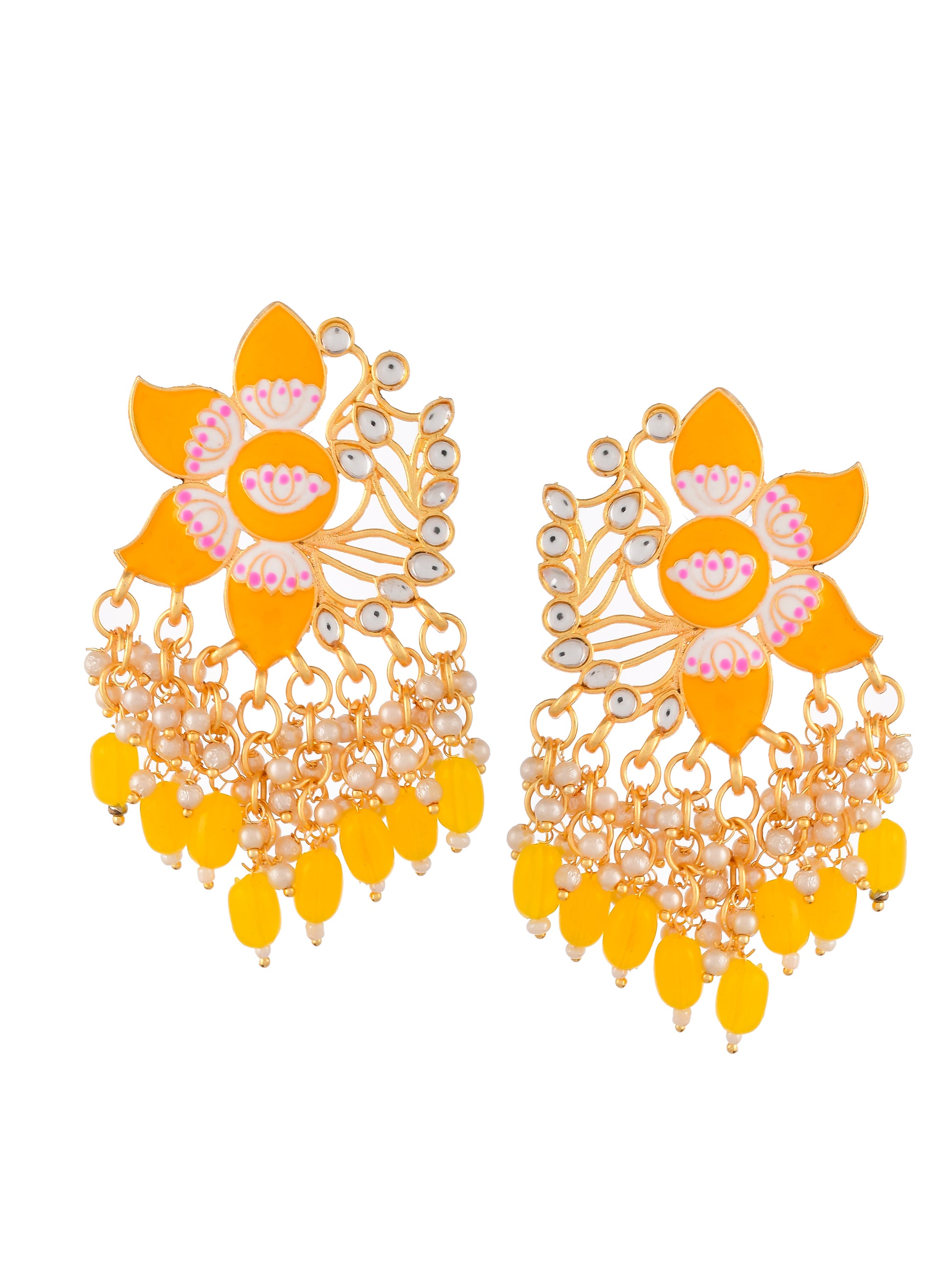 Gold Plated Yellow Toned Handcrafted Kundan Studded Floral Drop Earrings