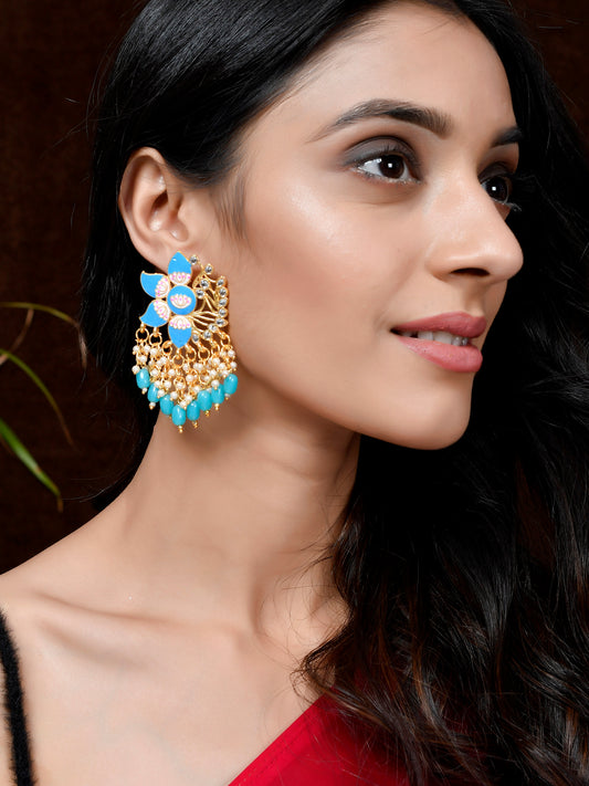 Gold Plated Blue Toned Handcrafted Kundan Studded Floral Drop Earrings for Women Online