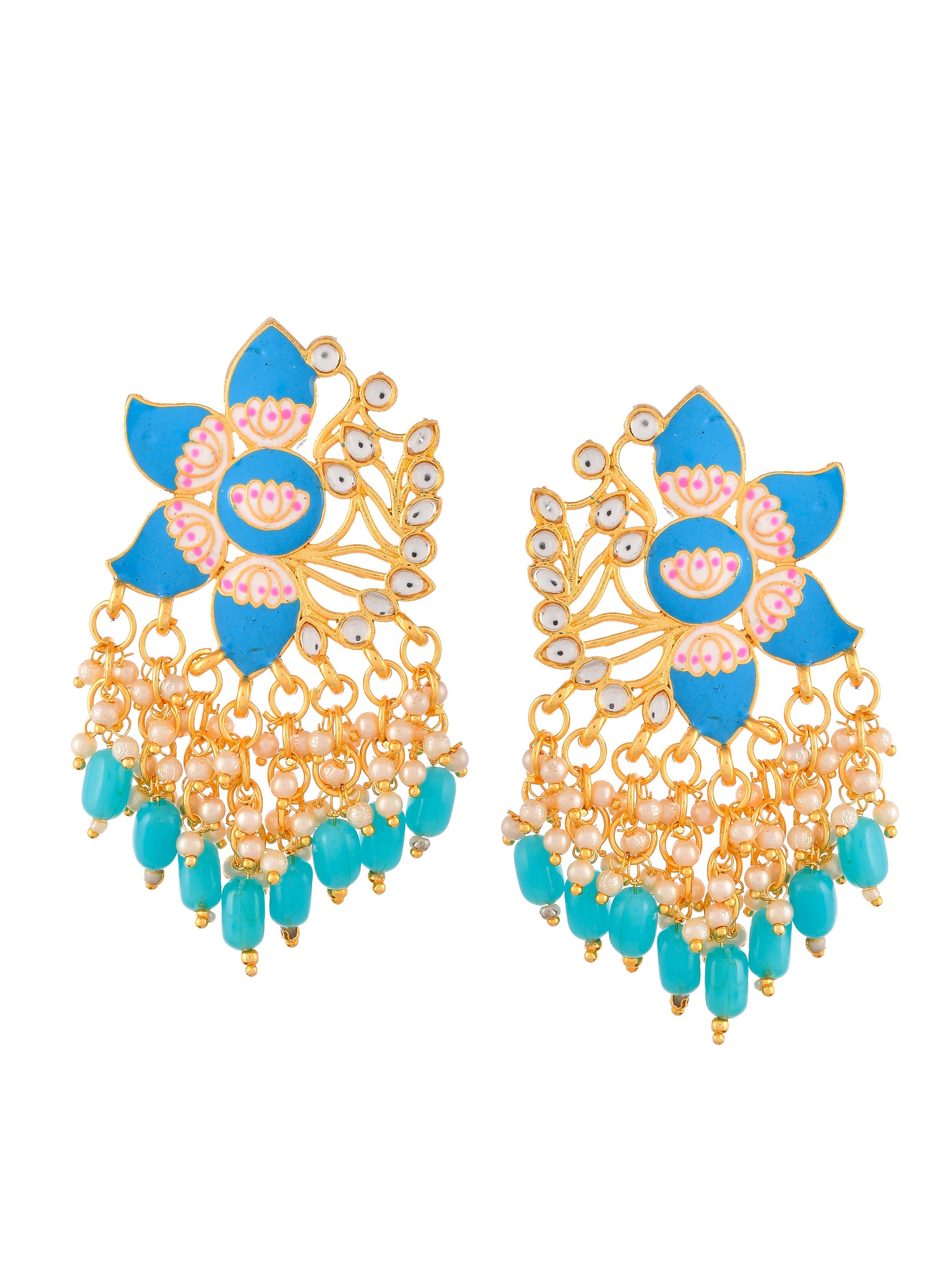 Gold Plated Blue Toned Handcrafted Kundan Studded Floral Drop Earrings