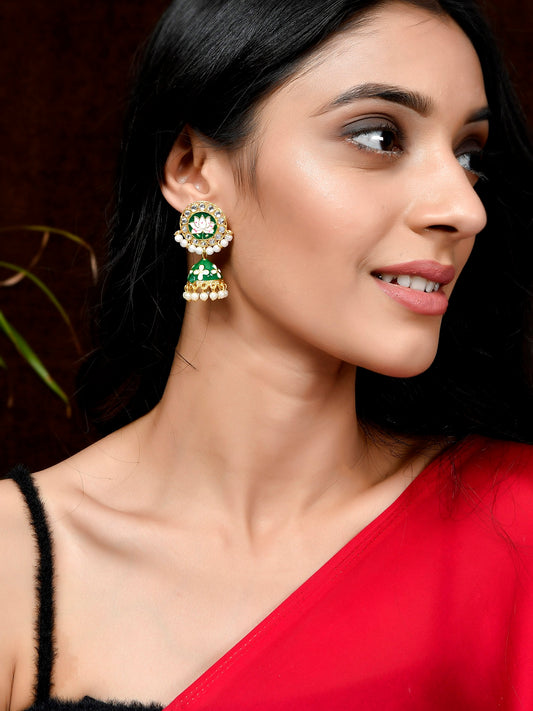 Gold & Green Toned Kundan Studded Handcrafted Floral Drop Earrings for Women Online