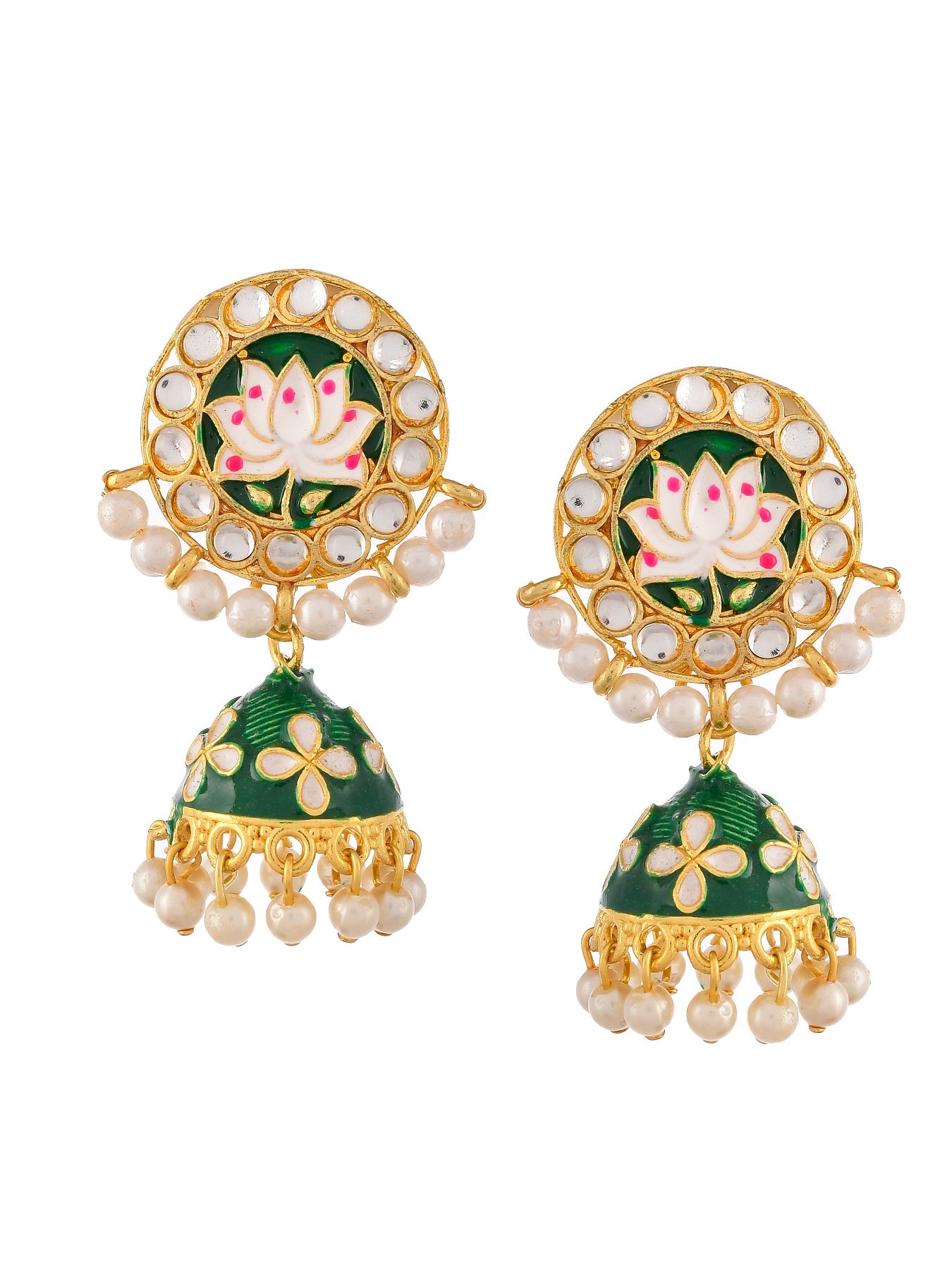 Gold & Green Toned Kundan Studded Handcrafted Floral Drop Earrings