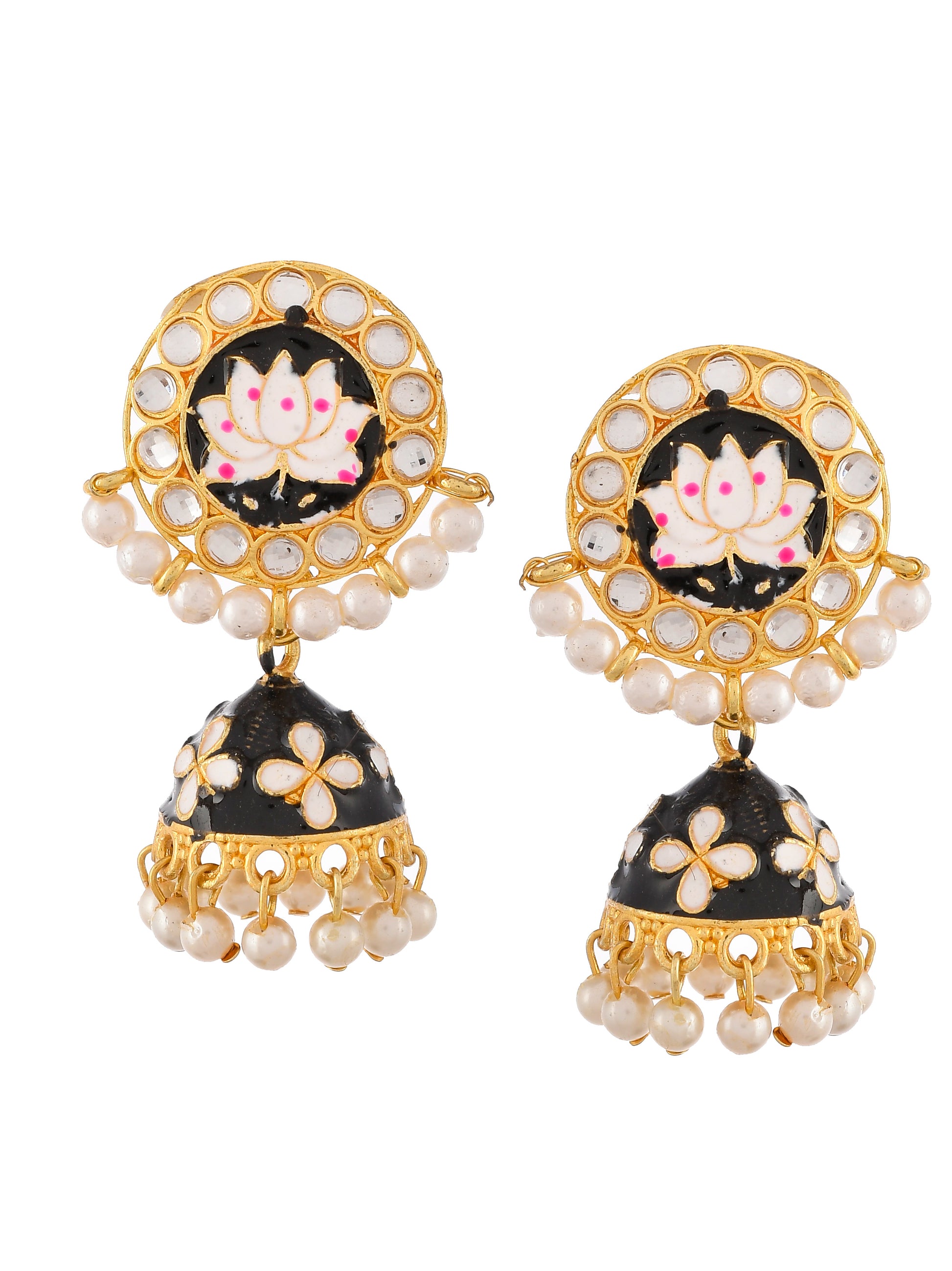Gold & Black Toned Kundan Studded Handcrafted Floral Drop Earrings
