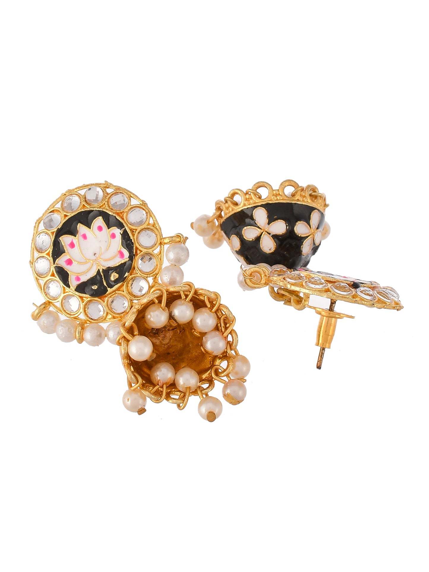 Gold & Black Toned Kundan Studded Handcrafted Floral Drop Earrings