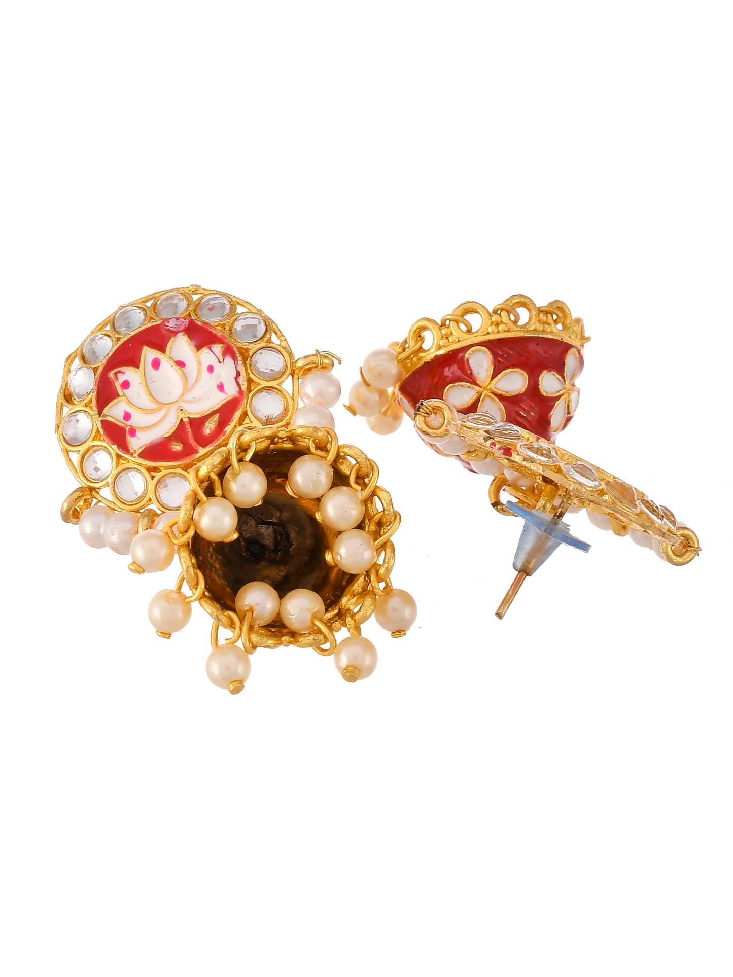 Gold & Red Toned Kundan Studded Handcrafted Floral Drop Earrings