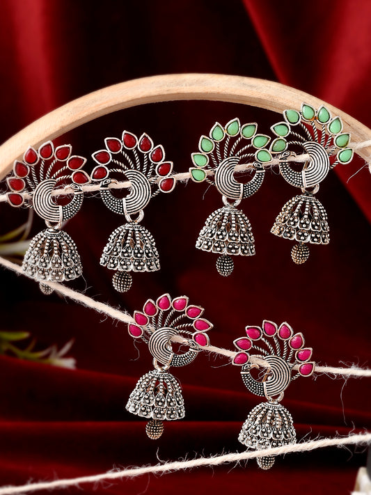 Silver Toned Oxidised Peacock Jhumka Earrings for Women Online