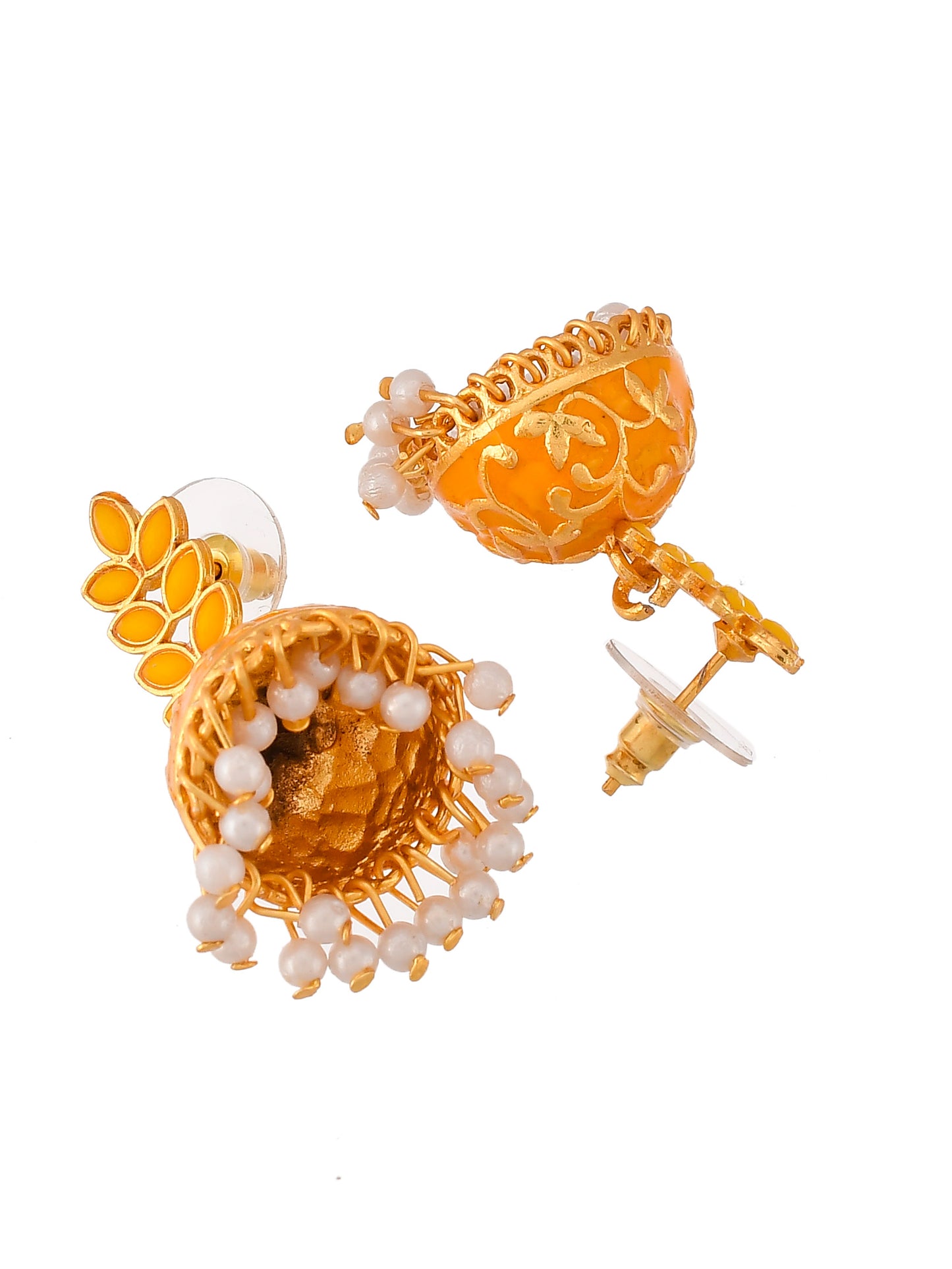 Women Gold Plated Orange Floral Meenakari Designer Jhumkas