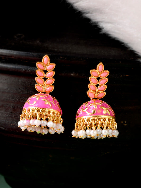 Women Gold Plated Pink Floral Meenakari Jhumkas for Women Online
