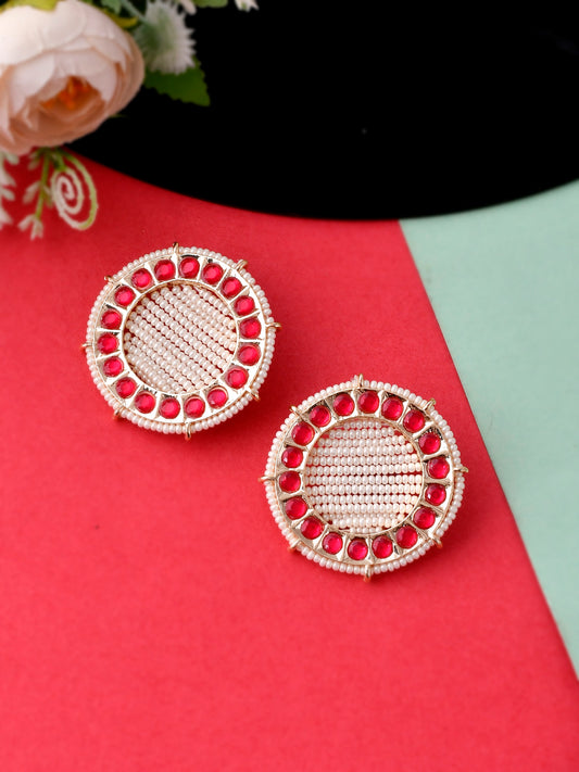 Gold Plated Red & Pearl Beaded Handcrafted Stud Earrings for Women Online
