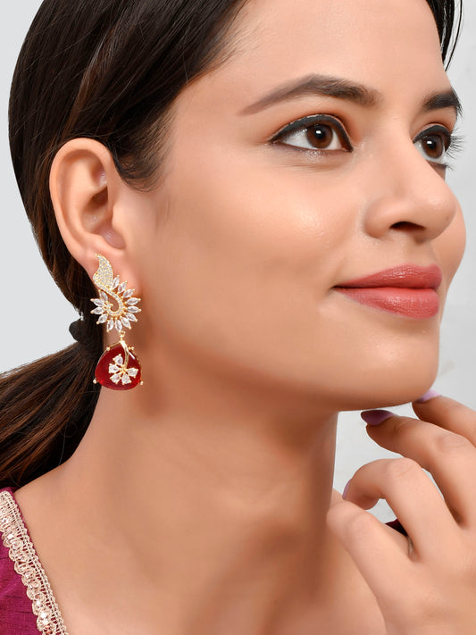 Gold Plated & Red Toned Ad Stone Studded Drop Earrings for Women Online