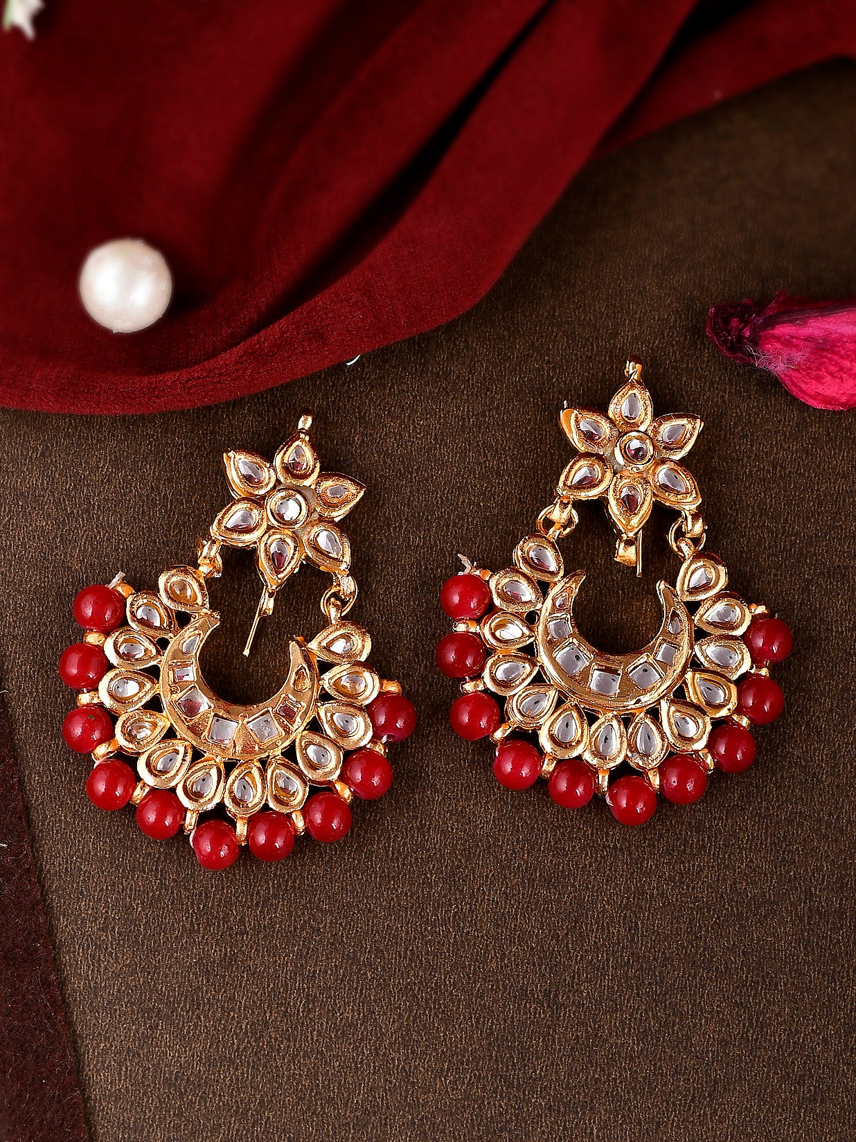 Gold Plated Red Stone Beaded Kundan Studded Traditional Floral Earrings