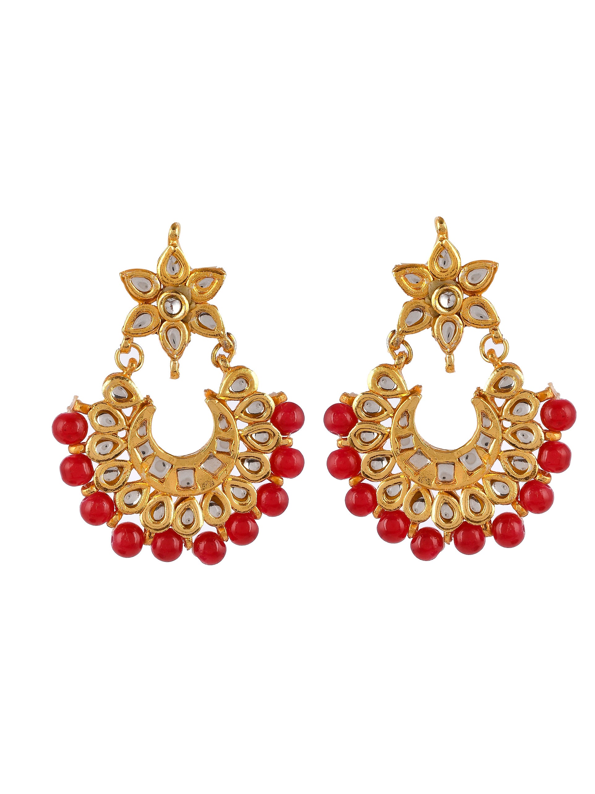 Gold Plated Red Stone Beaded Kundan Studded Traditional Floral Earrings