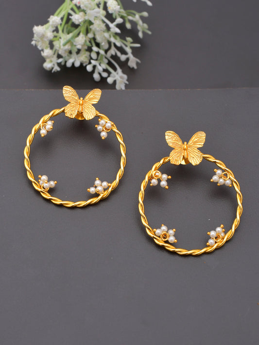 Gold Plated Butterfly Round Contemporary Pearl Earrings for Western Outfit Online