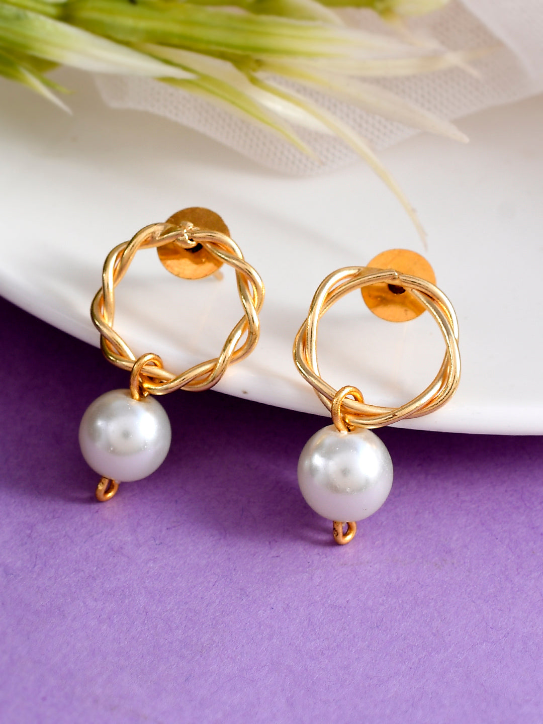 Gold Plated Contemporary Pearl Drop Earrings - Main Image