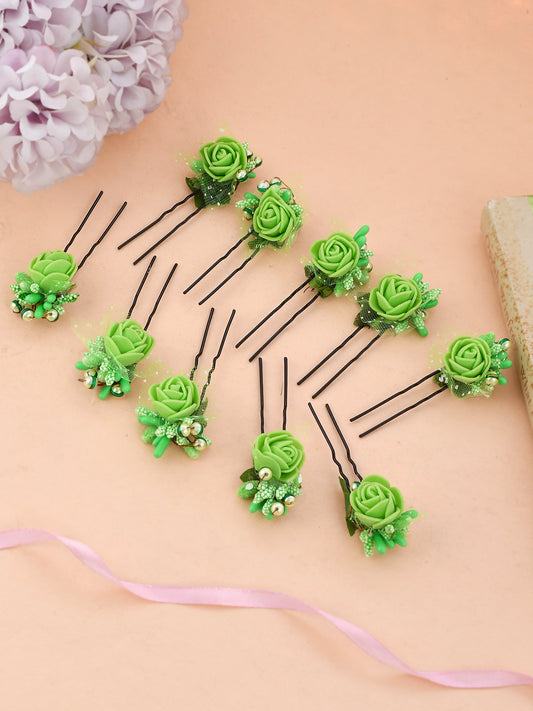 Set of 10 Green Flower Juda Hair Bun Accessory Set for Women Online