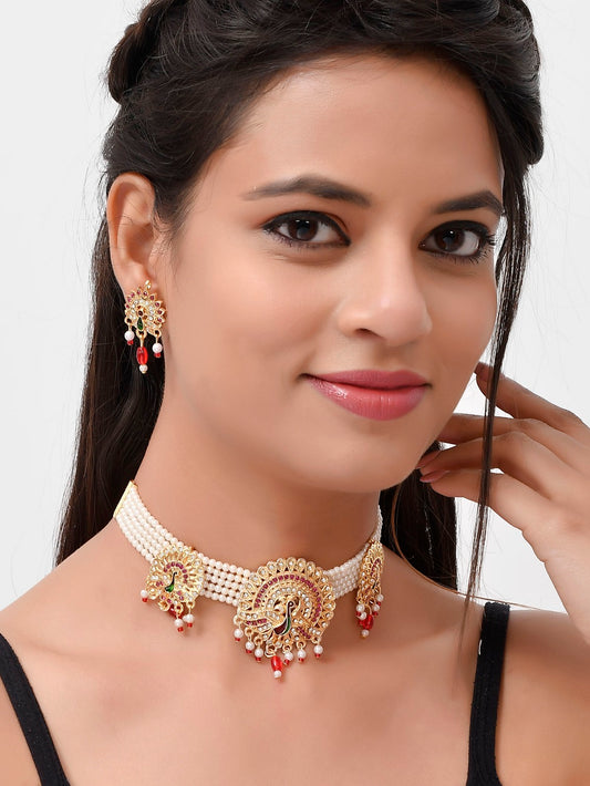 Gold Plated Pearl Kundan Studded Peacock Brooch Jewellery Sets for Women Online