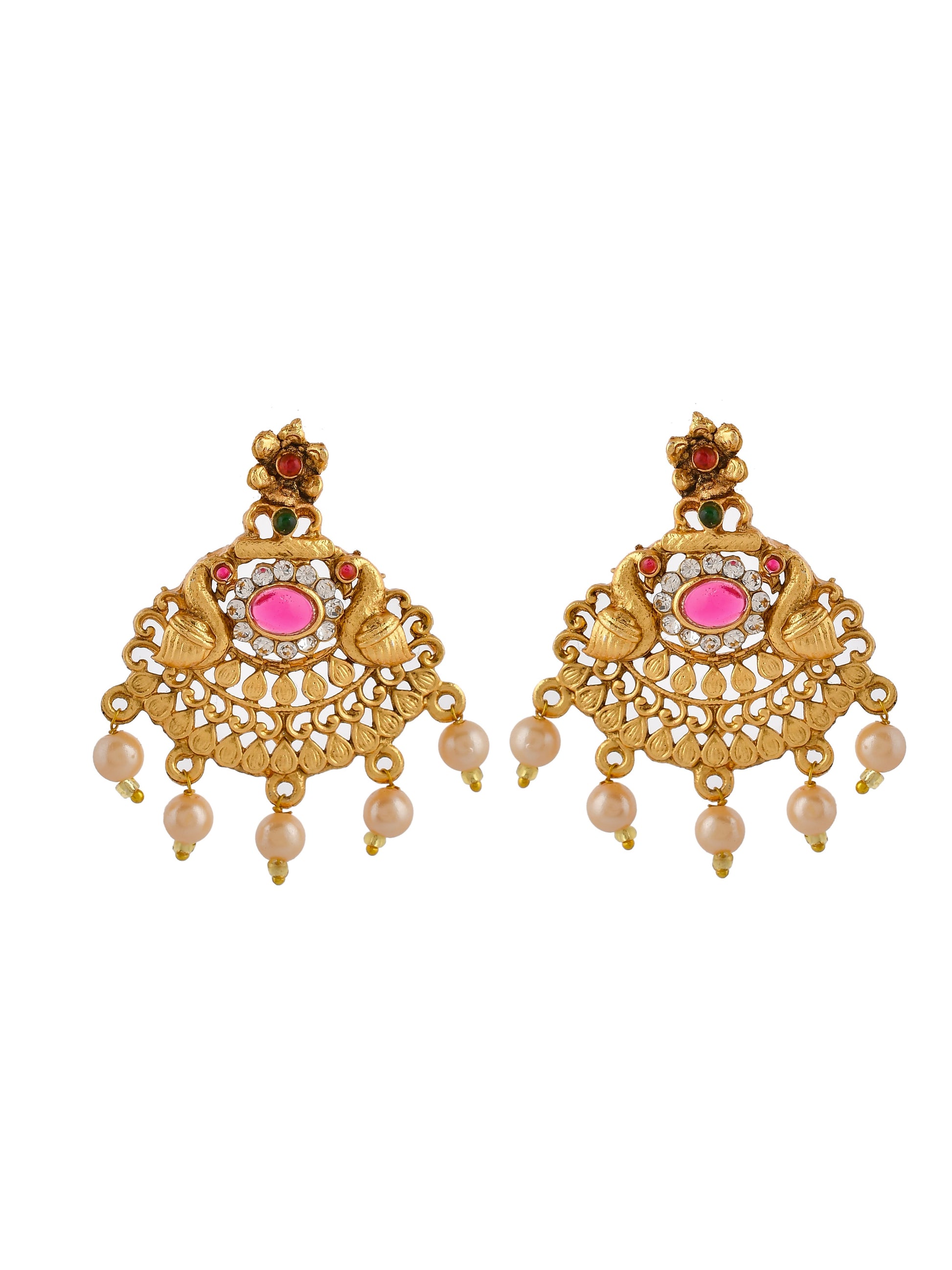South Indian Pink Green Stone Temple Jewellery Set