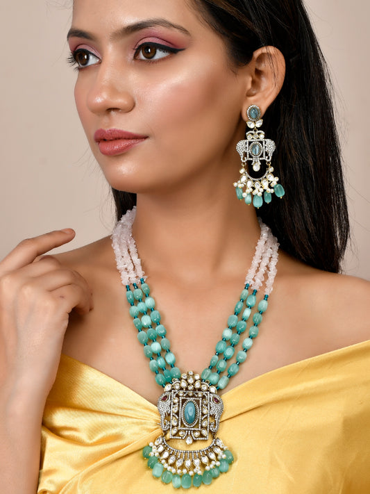Gold Plated Green & Rose Quartz Layered Long Jewellery Sets for Women Online