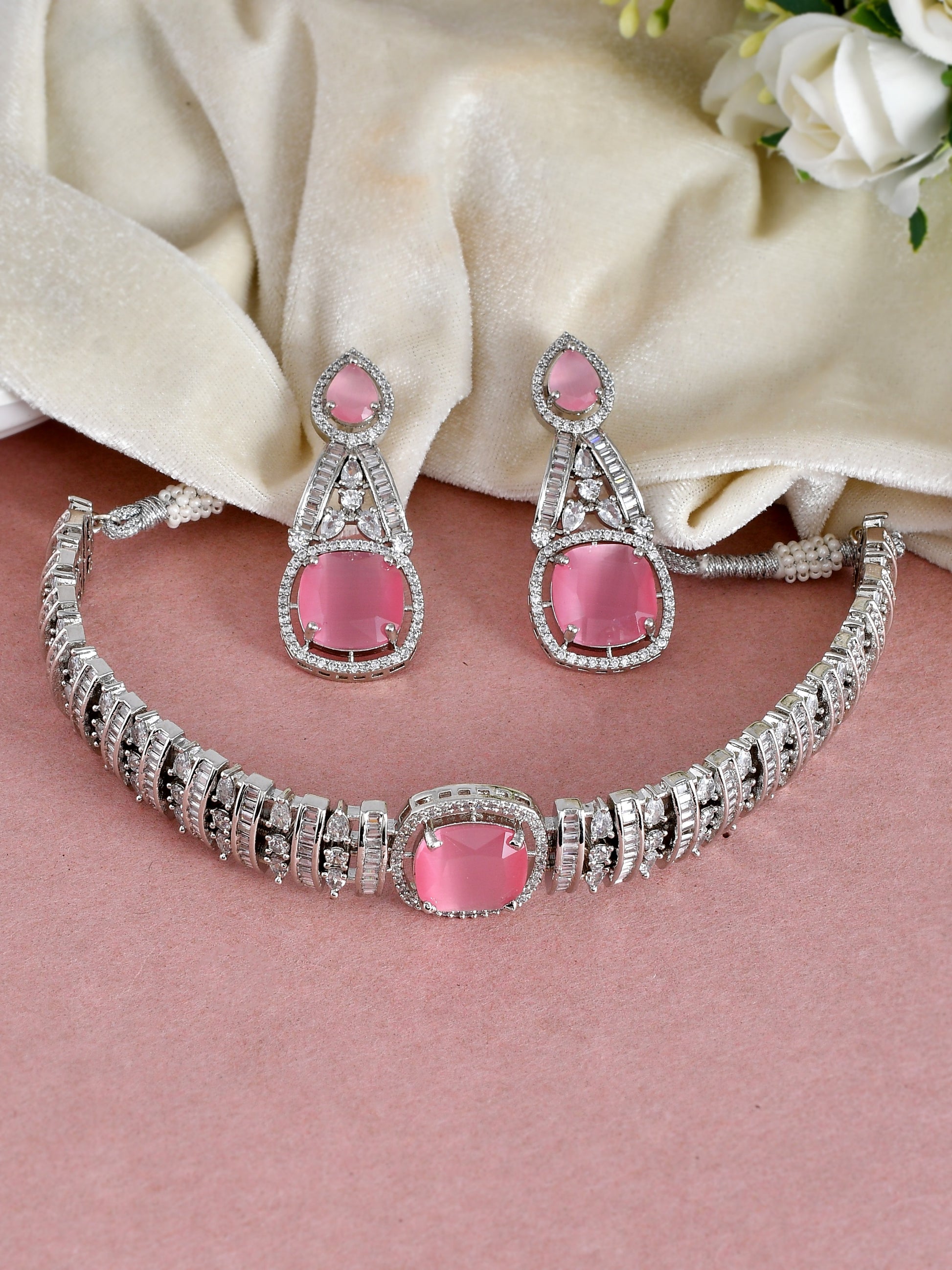 Pink Quartz AD jewellery Set
