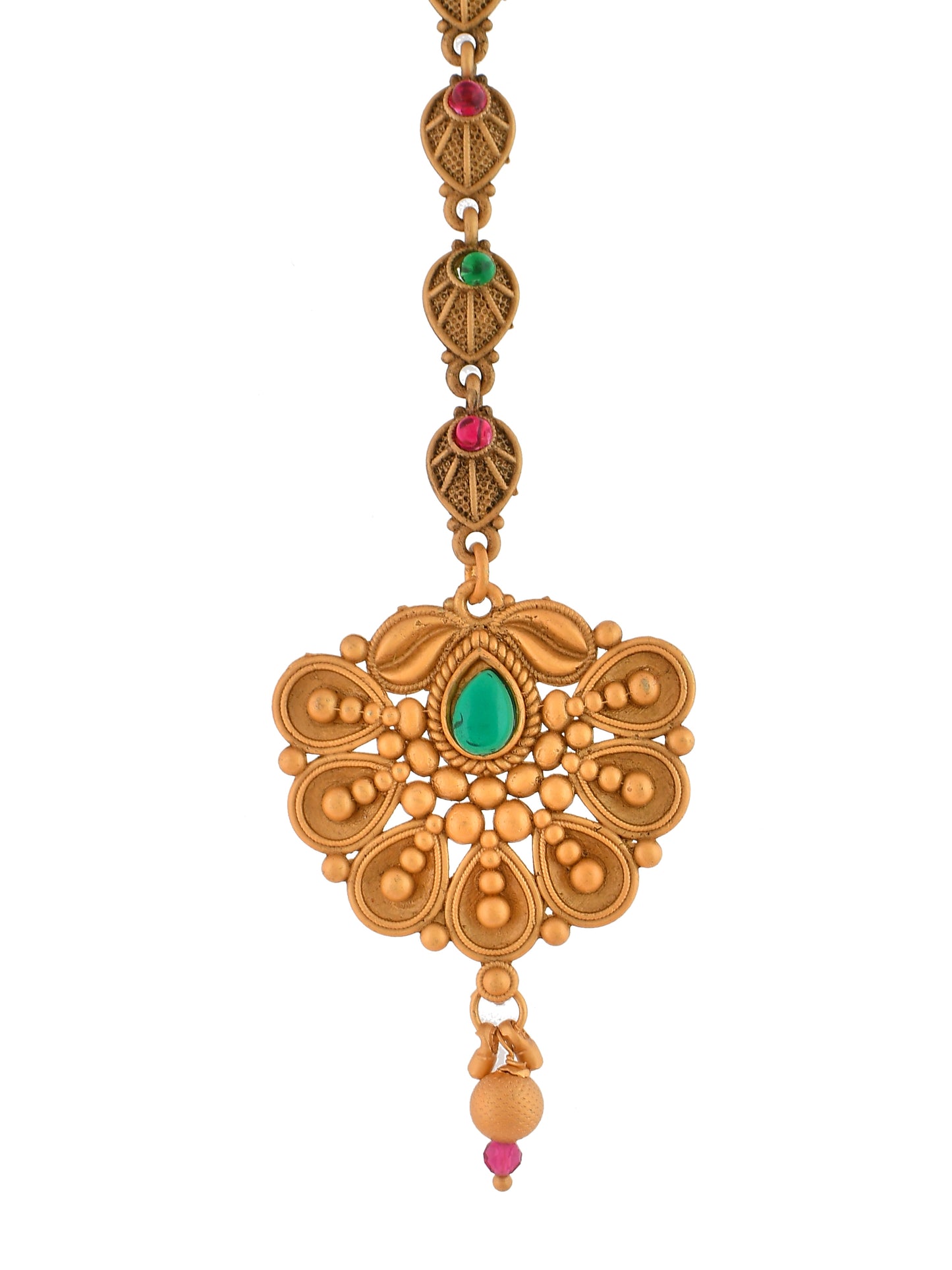 Red and Green Stone Stubbed South Indian Gold Plated Maang Tikka