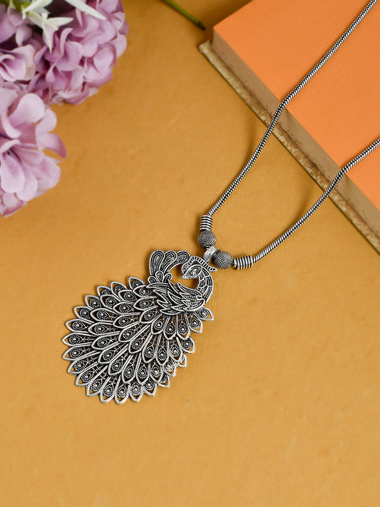 Silver Tone Peacock Feather Necklace for Women & Girls Online