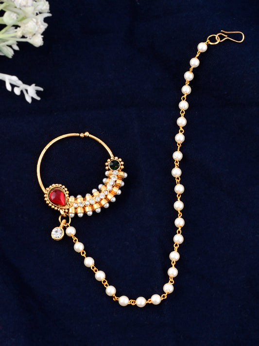 Gold-plated Red & White Stone-studded & Beaded Nose Pins for Women Online