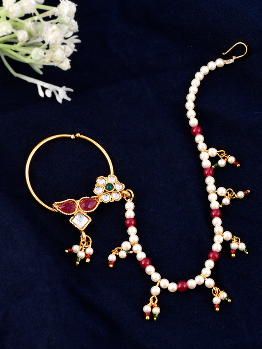 Gold Plated Pearl Beaded Chained Kundan Nose Ring for Women Online