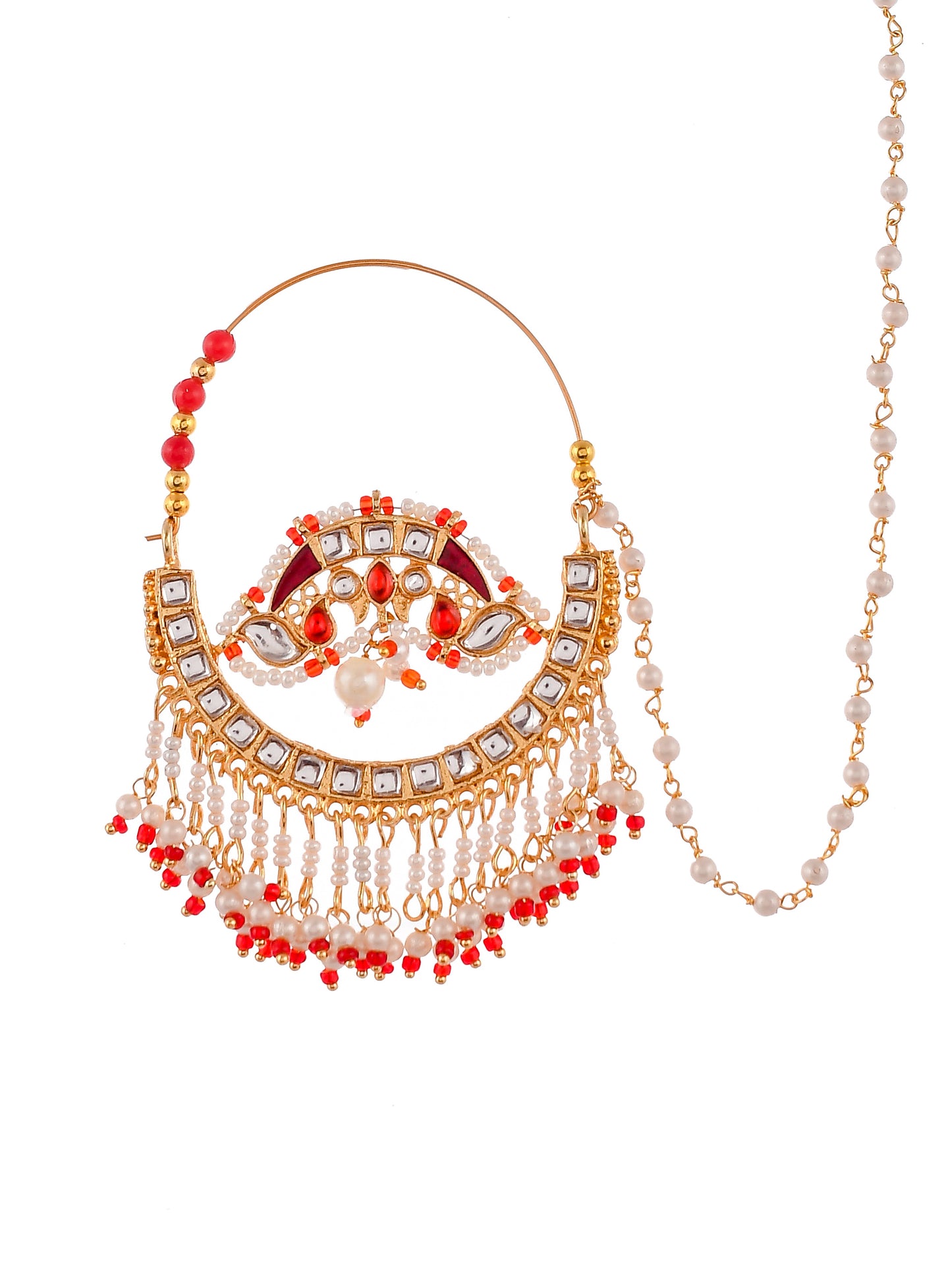 Gold Plated Kundan Meenakari Nosering with Chain
