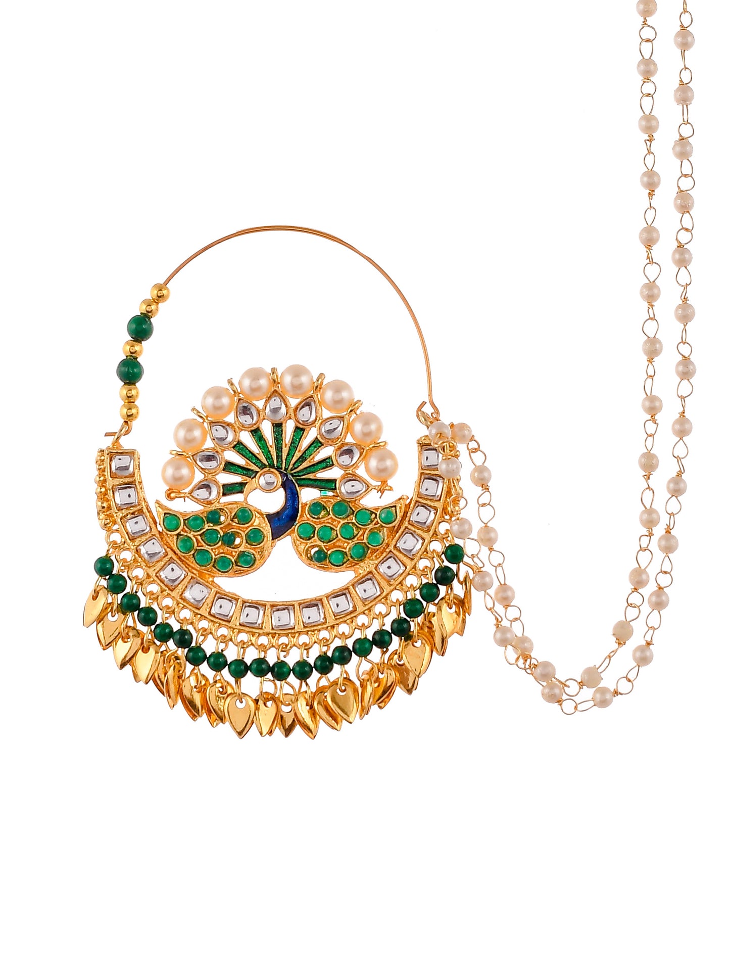Gold Plated Green & White Stone Studded & Beaded Meenakari Nosering