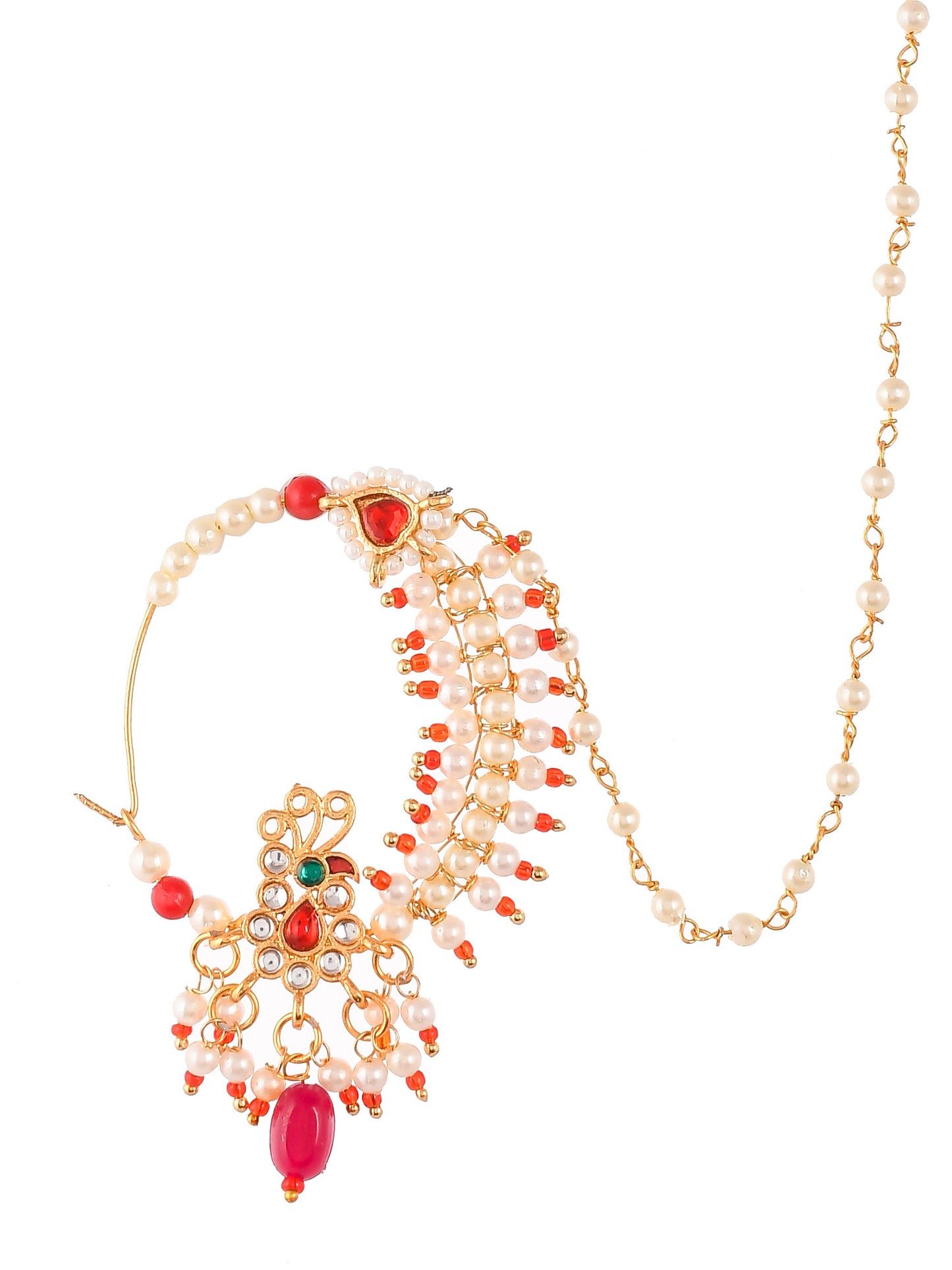 Gold Plated Red & White Pearls Chained Meenakari Nose Ring