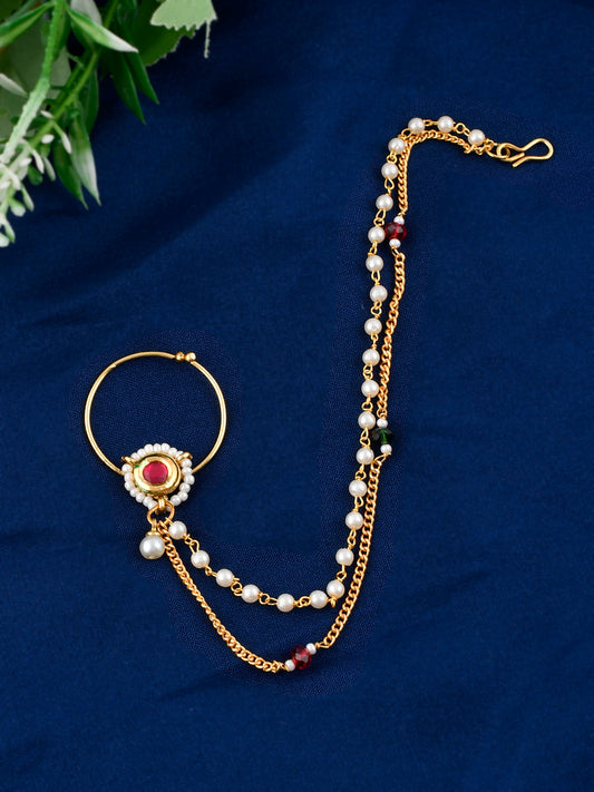 Gold Plated White & Red Stone Studded & Pearls Beaded Nose Ring for Women Online