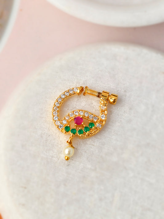 Green & Pink Stone Studded Floral Meenakari Gold Plated Nose Ring for Women Online