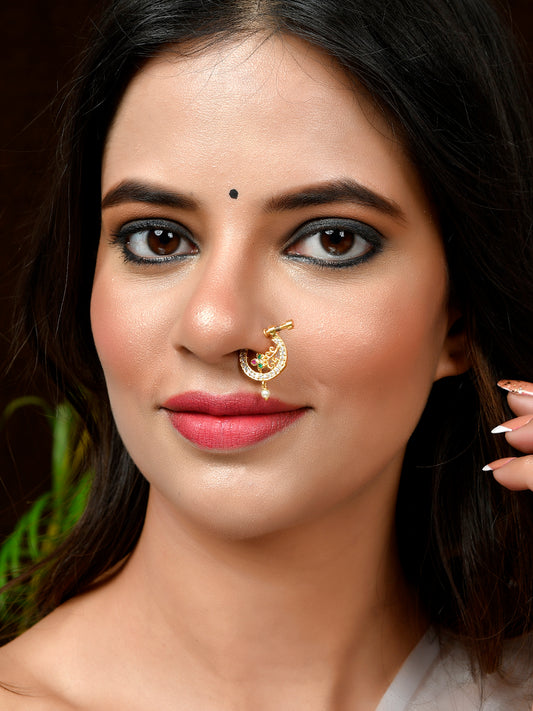 Green & White Stone Studded Floral Meenakari Gold Plated Nose Pins for Women Online
