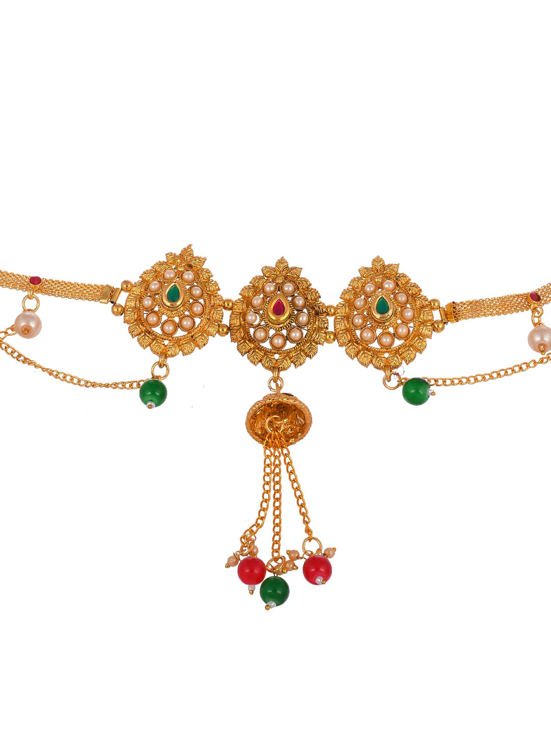 Gold Plated Kundan Handcrafted Kanakti With Red & Green Beads Kamarbandh