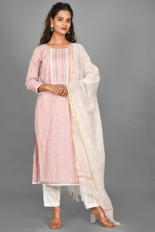 Onion Pink and White Floral Printed Kurta Set for Women Online