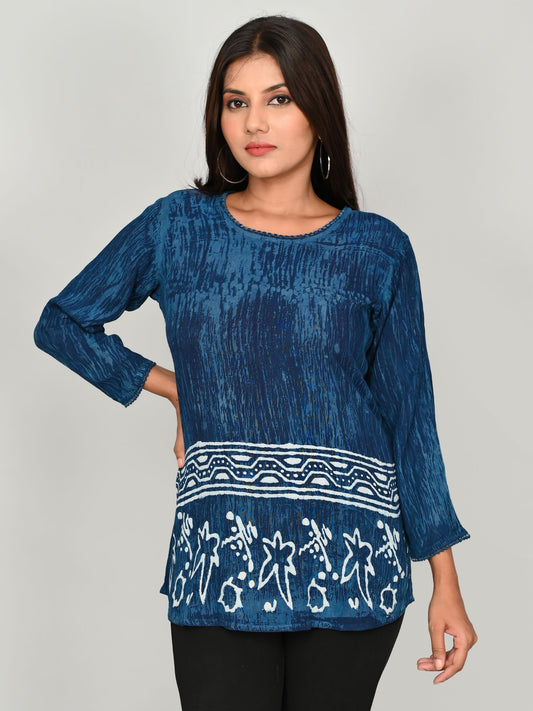 Navy Blue Silk Crepe Printed Casual Top for Women/girls Online