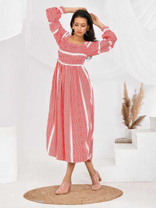 Geometric Print Elasticated Western Maxi Dress for Women Online