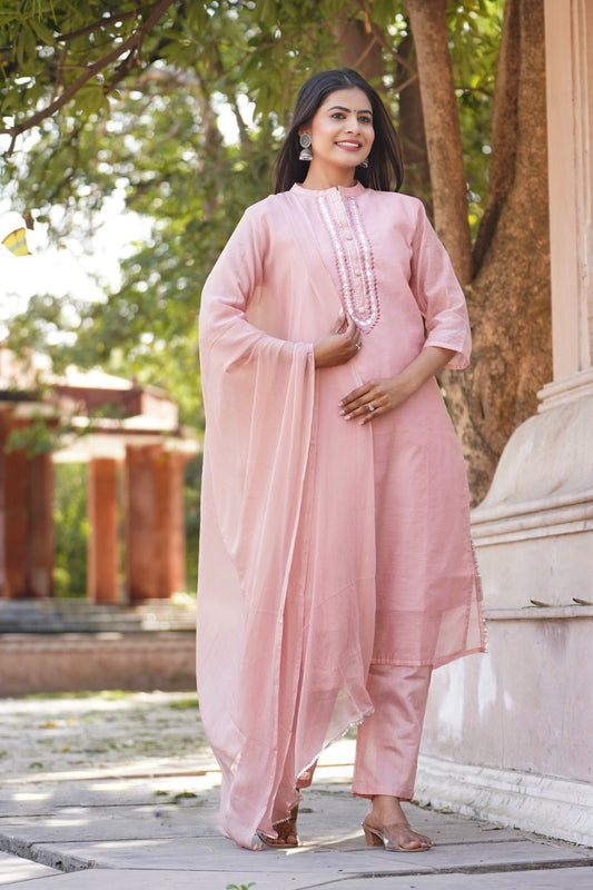 Chanderi Silk Zari Mirror Workwith Silk Chiffon Dupatta Kurta Set for Girls Women Online