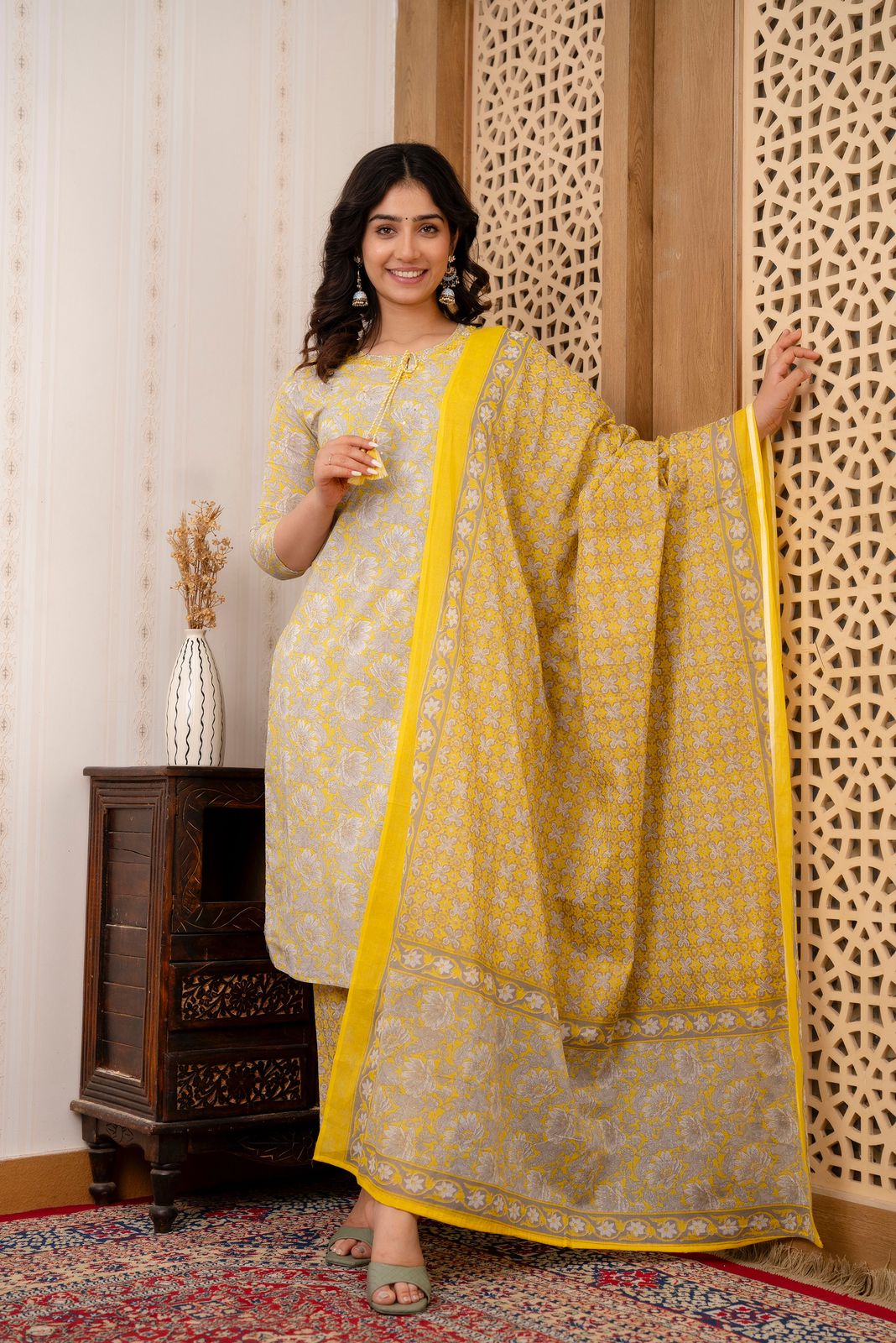 Mirror Work Embroidery Pure Cotton Mustard Kurta With Trousers Dupatta