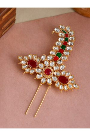 Designer Men Gold-Plated & Red and Green Kundan Studded Brooch