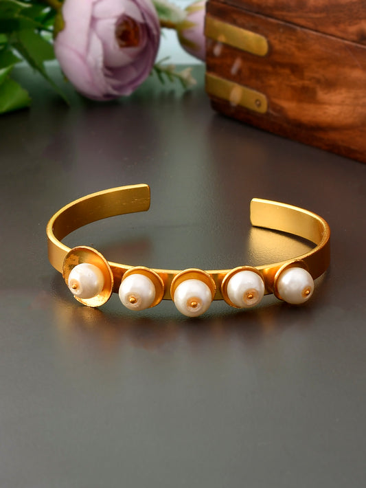 Gold & White Pearl Beaded Handcrafted Cuff Gold Plated Bracelets for Women Online